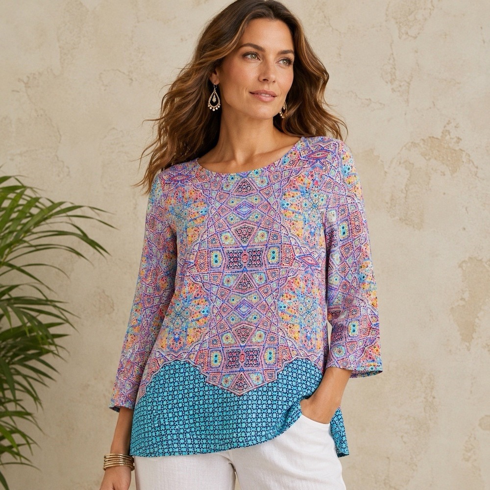 Maeve Silk Tunic Top Womens 6 Boho Mosaic Print Button Back‎ Blouse